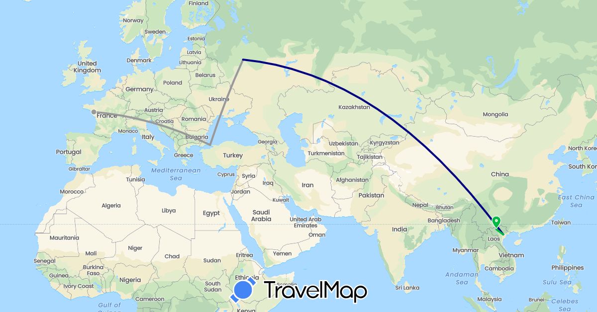 TravelMap itinerary: driving, bus, plane in France, Russia, Turkey, Vietnam (Asia, Europe)
